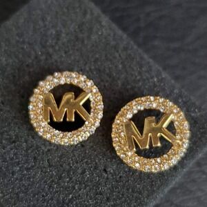 MICHAEL KORS Womens Logo Stud Earrings Gold Tone Clear Crystals